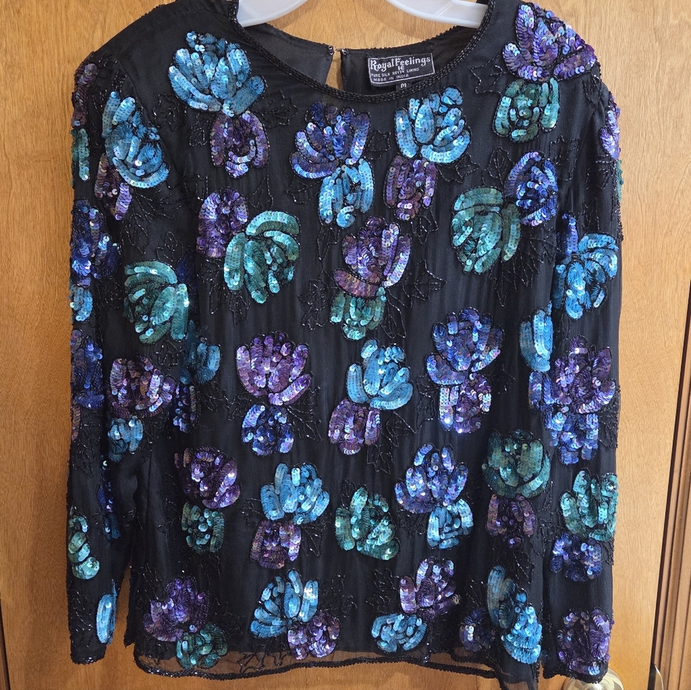 Vintage Royal Feeling Silk Sequined Blouse